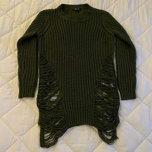 S/M Forest Green Distressed Long Knitted Crewneck Sweater